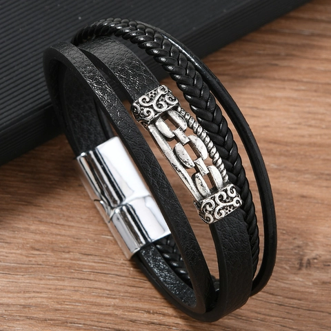 Bracciale In Pelle Multistrato Da Uomo Vintage Catena In Lega Fibbia Magnetica Tessuto A Mano Gioielli Retro