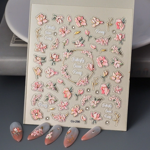 Autocollants Pour Ongles En Relief Fleur Pivoine Rose Papillon Feuille Or Imperméable Élégant Manucure DIY Décoration Pour Femmes