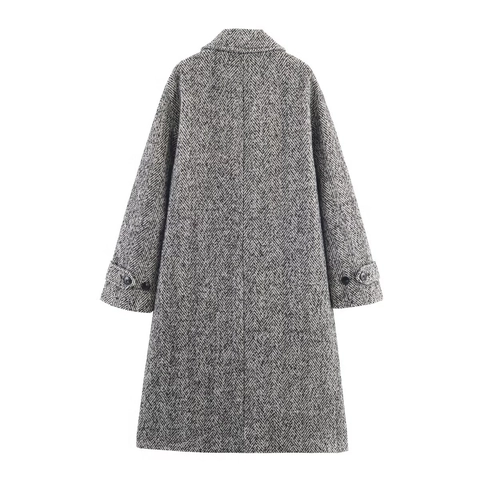 Cappotto Lungo in Lana a Spina di Pesce Donna Vintage Revers Monopetto Grigio Soprabito Invernale Calda Giacca con Tasche