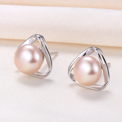 Geometric Hollow Triangle Natural Freshwater Pearl Stud Earrings With 925 Sterling Silver Earring Post Alloy Jewelry For Women