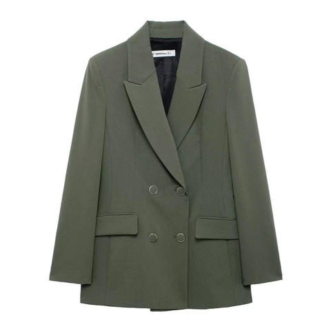 Dames Legergroen Double Breasted Blazer Met Gepiekte Revers En Bijpassende Rechte Broek Elegante Kantoor Outfit