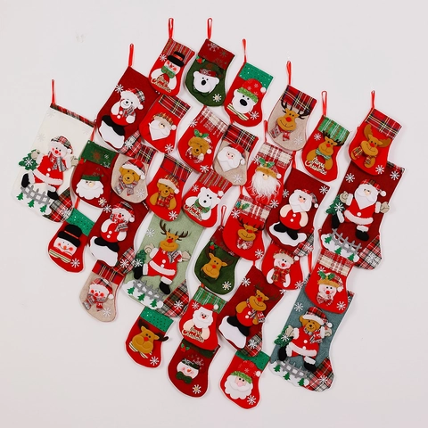 Weihnachtsstrümpfe 3D Cartoon Weihnachtsmann Schneemann Rentier Karo Jute Filz Stoff Aufhängen Süßigkeiten Geschenktüten