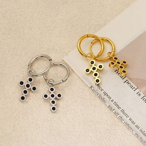 Pendientes De Aro Con Colgante De Cruz Vintage De Acero Inoxidable Bañado En Oro De 18K Con Diamantes De Imitación Negros