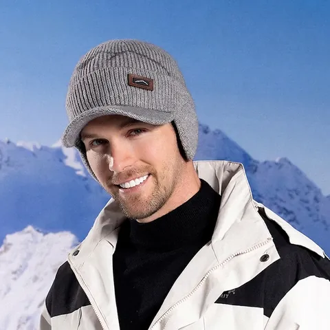 Mens Knitted Acrylic Beanie Hat With Ear Flaps And Brim Fleece Lined Thick Warm Winter Outdoor Peaked Cap Windproof