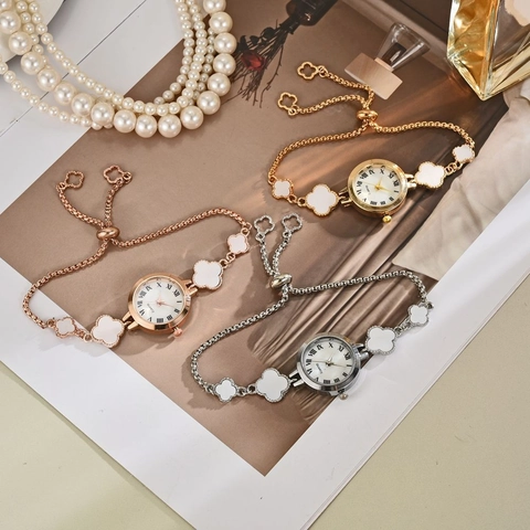 Women Elegant Bracelet Watch Quartz Movement Roman Numeral Dial Enamel Clover Design Adjustable Drawstring Alloy Strap
