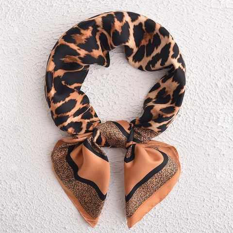 Leopard Print Square Scarf For Women Polyester Satin Silk Like Shawl Geometric Pattern Hair Band Fashion Accessory