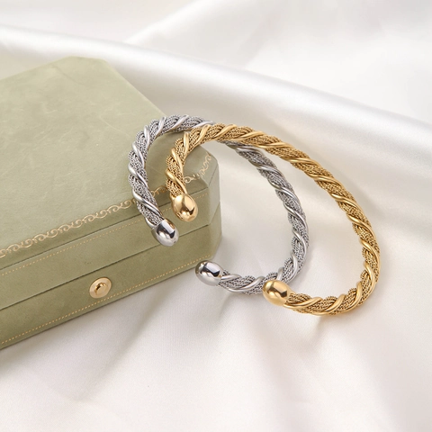 Bracciale Rigido Aperto In Acciaio Inossidabile Cavo Intrecciato Moda Trama a Rete Gioielli Con Estremità a Sfera Donna