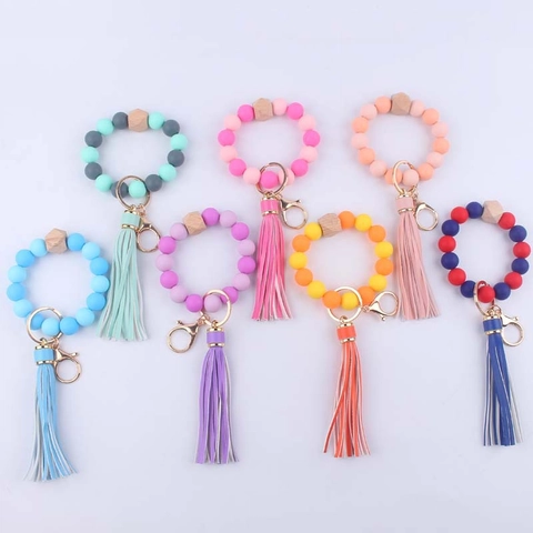 Porte Clés Bracelet Perles En Silicone Avec Perle En Bois Géométrique Et Gland En Cuir PU Anneau De Clé Pour Femmes