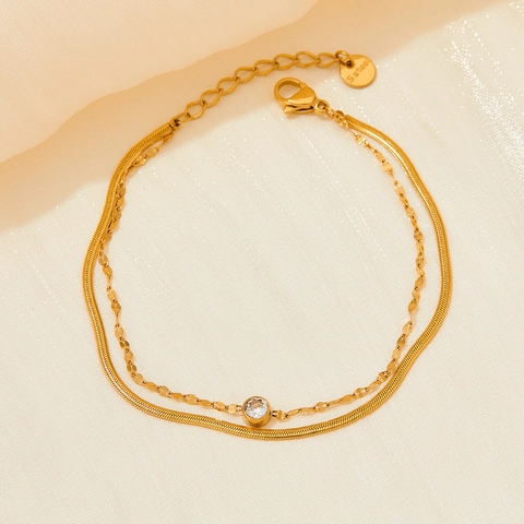 Bracciale A Doppia Catena A Serpente In Acciaio Inossidabile Placcato Con Zircone Tondo Gioielli Eleganti Minimalisti Donna