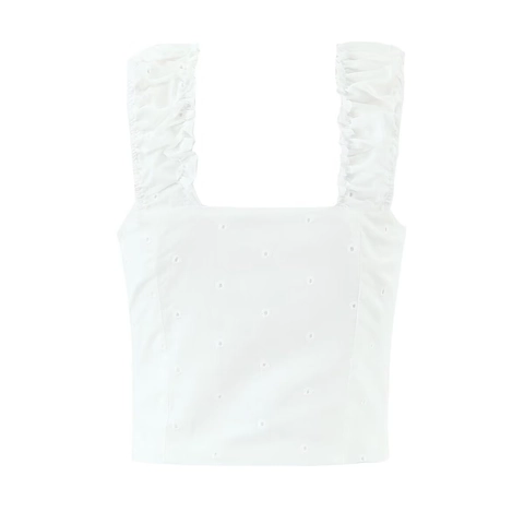 Women Cotton Eyelet Embroidery Tank Top Ruffle Wide Straps Square Neck Button Down Vintage Sweet White Crop Cami