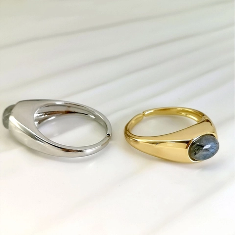 Natürlicher Labradorit Ovaler Stein Verstellbarer Offener Ring Vintage Minimalistischer Kupferschmuck Für Frauen