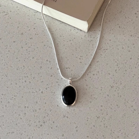 Collana Con Pendente In Agata Nera Ovale In Argento Sterling 925 Catena A Serpente Gioielli Minimalisti Vintage Francesi