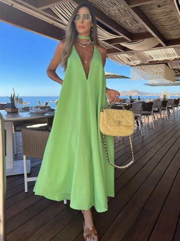 Halter Maxi Dress Deep V Neck Sleeveless Backless Solid Color Polyester Beach Holiday Casual Flowy Sun Dress For Women