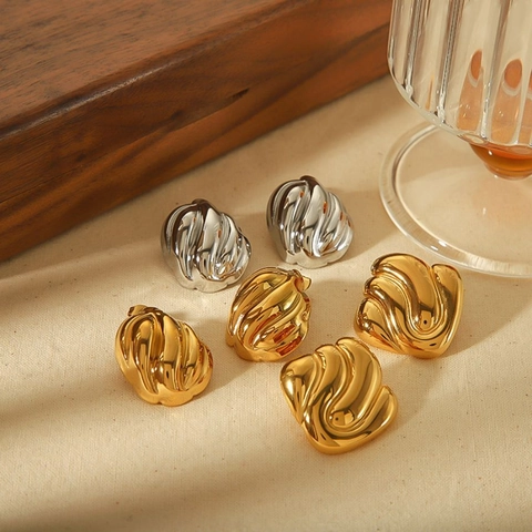 Geometric Twisted Square Earrings 18K Gold Plated Stainless Steel Textured Minimalist Fashion Studs For Women