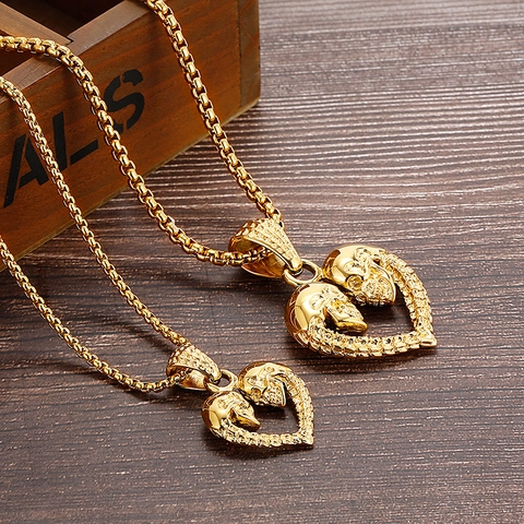 Collier Pendentif Cœur Gothique Acier Inoxydable Double Têtes De Mort Bijoux Retro Punk Rock Homme Femme