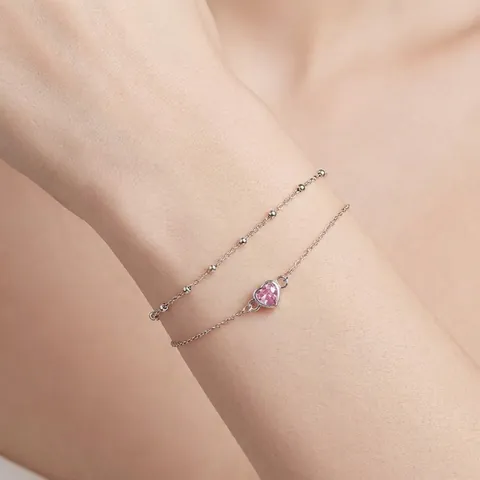 Pink Heart Double Layer Bracelet 925 Sterling Silver Dainty Bead Chain Pink Zirconia Sweet Jewelry For Women Girls
