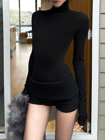 Women Knit High Neck Long Sleeve Top And Shorts Outfit Slim Fit Wool Blend Solid Color Chic Urban Casual Autumn Winter