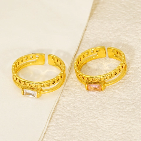 Dubbellaagse Open Ring 18K Verguld Roestvrij Staal Rechthoekige Zirkoon Kettingschakel Verstelbare Geometrische Sieraden
