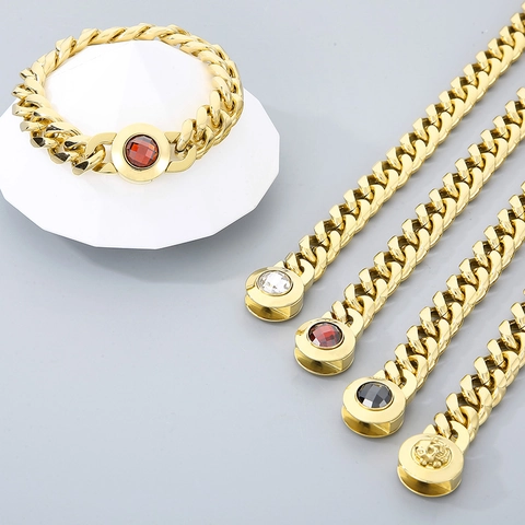 Collar Hombre Acero Inoxidable Pulido Cadena De Eslabones Cubanos Hebilla Calavera Cristal Joyería Hip Hop Moda
