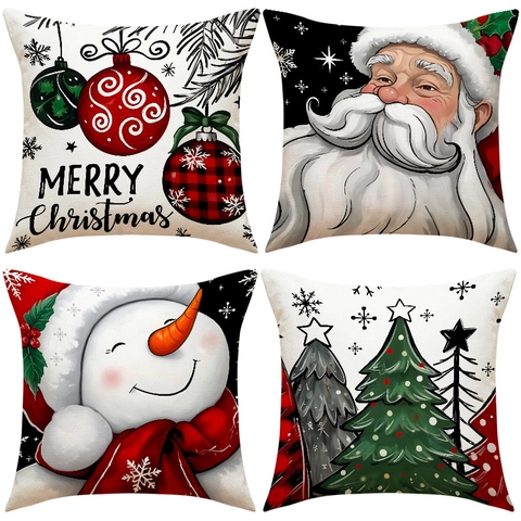 Fundas De Cojín De Navidad Muñeco De Nieve Papá Noel Lino Algodón Impreso Fundas De Almohada Festivas Decoración De Sofá