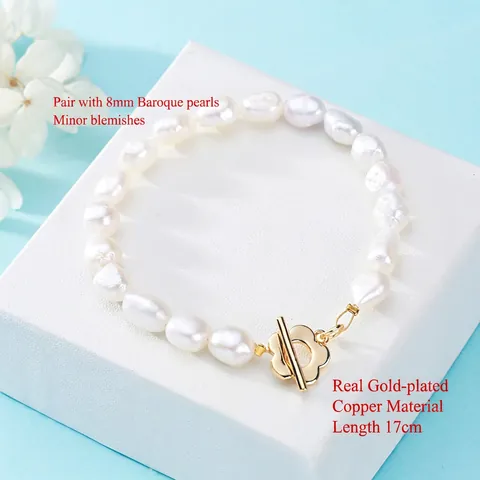 Baroque Artificial Pearl Bracelet With Flower Toggle Clasp 14K Gold Plated Copper Jewelry For Women Elegant Gift