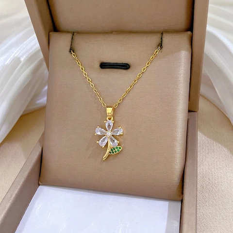 Collana Con Ciondolo A Fiore Catena In Acciaio Inossidabile Rame Intarsiato Di Zircone Foglia Verde Gioielli Floreali Eleganti Per Donne