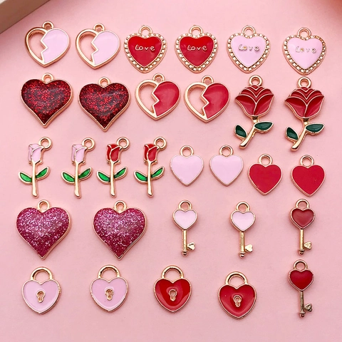 Alloy Enamel Heart Rose Key Lock Charms Pendants For DIY Jewelry Making Romantic Valentine Day Love Theme Accessories