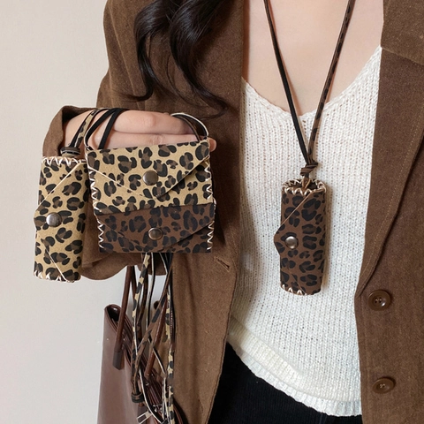 Mini Tasche Anhänger Halskette Leopard Muster PU Leder Lippenstifthalter Lange Pulloverkette Retro Für Damen