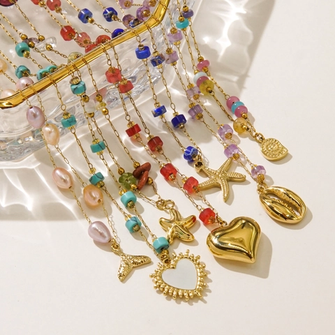 Elegant Stainless Steel Necklace For Women With Natural Pearl And Colorful Crushed Stone Ocean Starfish Heart Dolphin Pendant Marine Jewelry
