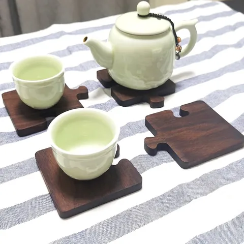 Puzzle Shape Wooden Coasters Black Walnut Beech Sapele Wood Interlocking Heat Insulated Cup Mat For Coffee Tea Table Decor