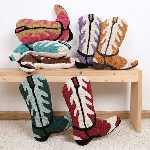 Cowboy Boot Shaped Throw Pillow Tufted Cushion For Sofa Western Style Soft PP Cotton Filling Novelty Decorative Accent