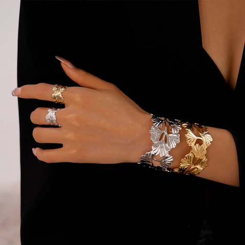 Ginkgo Blad Holle Armband En Ring Metalen Verstelbare Open Bangle Sieraden Vrouwen Mode Retro Elegante Stijl