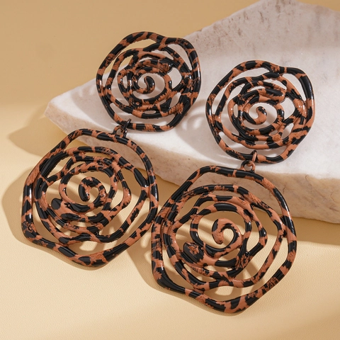 Vintage Leopard Muster Hohle Rose Blume Legierung Hängeohrringe Mit 925 Sterling Silber Ohrstecker Retro Maillard Stil