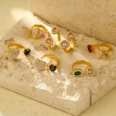 Vintage Stainless Steel Zirconia Open Ring Gold Plated Artificial Pearl Heart Flower Adjustable Jewelry For Women