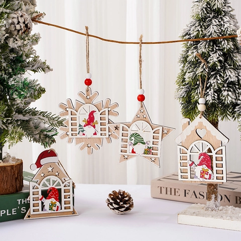 Christmas Wooden Gnome Pendants Nordic Style Hollow House Star Snowflake Tree Hanging Ornaments For Home Holiday Decoration