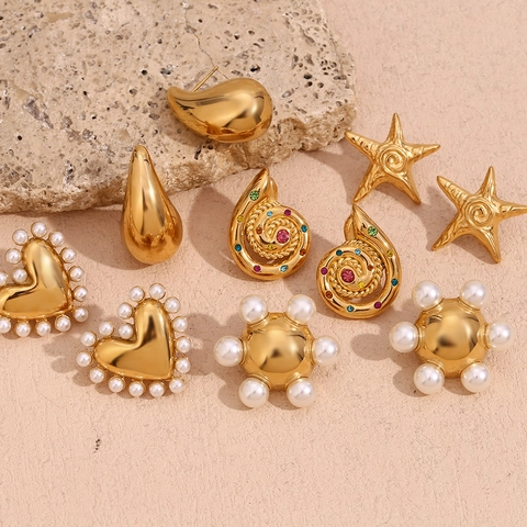 Stainless Steel Stud Earrings For Women 18K Gold Plated Waterproof Hypoallergenic Artificial Pearl Zircon Heart Starfish Snail