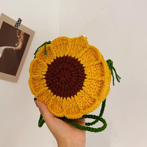 Borsa A Tracolla Fatta A Mano A Forma Di Girasole Donna Piccola Borsa In Maglia Di Fiori Freschi Con Bottone Di Perla Artificial