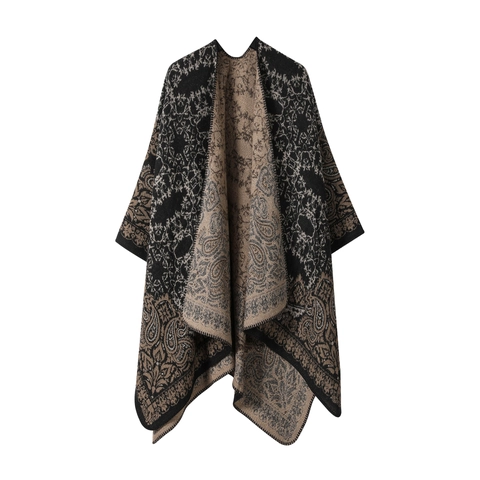 Damen Retro Paisley Druck Imitiert Kaschmir Schal Geknitterter Umhang Vintage Open Front Winter Warmer Decke Schal Umhang