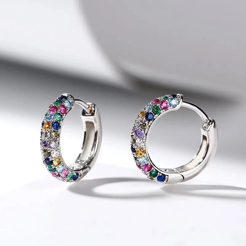 Rainbow Multi Color Cubic Zirconia Huggie Hoop Earrings Copper Pave Small Minimalist Fashion Jewelry For Women