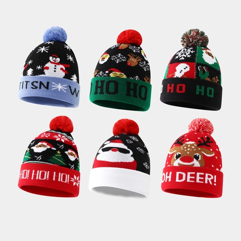 Christmas Knitted Beanie Hat Acrylic Warm Winter Pom Pom Santa Snowman Elk Pattern Festive Outdoor Accessory