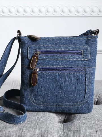 Vintage Denim Umhängetasche Multi Reißverschlusstaschen Lässige Verstellbare Schultertasche Retro Blau Baumwolle