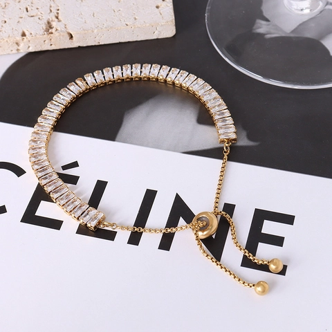 Franse Minimalistische Titanium Staal Zirconia Halsketting en Armband Verstelbaar Goud Zilver Rechthoekig Zirkoon Sieraden voor Dames