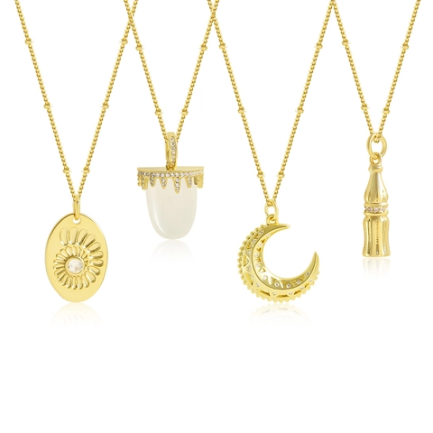 Collier Pendentif en Cuivre Plaqué Or Vintage avec Zirconia pour Femme Lune Chien Fleur Bouteille Chaîne à Perles Bijoux
