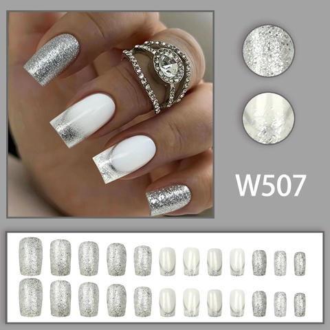 Silver Glitter Press On Nails White French Style Square Detachable Artificial Nails DIY Manicure For Women Elegant
