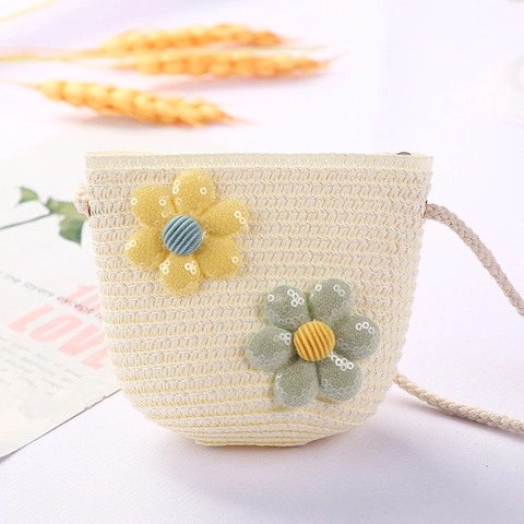 Kids Straw Woven Crossbody Bag Mini Cute Summer Beach Shoulder Pouch With Cartoon Flower Rabbit Decor For Toddler Girls