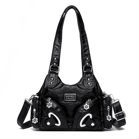 Women Retro Soft PU Leather Crossbody Bag Large Capacity Multi Pocket Shoulder Handbag With Flower Charms Casual Tote