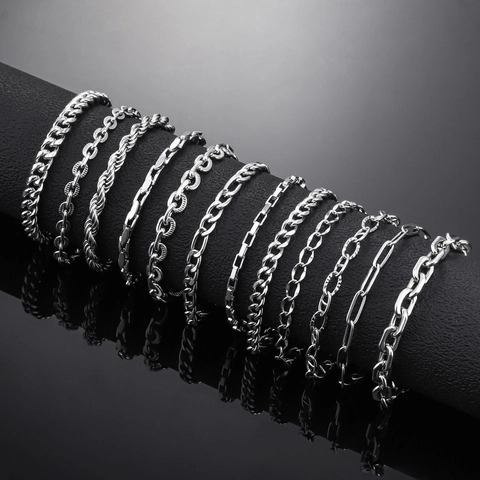 Stainless Steel Chain Bracelet Cuban Figaro Box Snake Link Silver Tone Minimalist Fashion Jewelry For Men Women Daily Wear