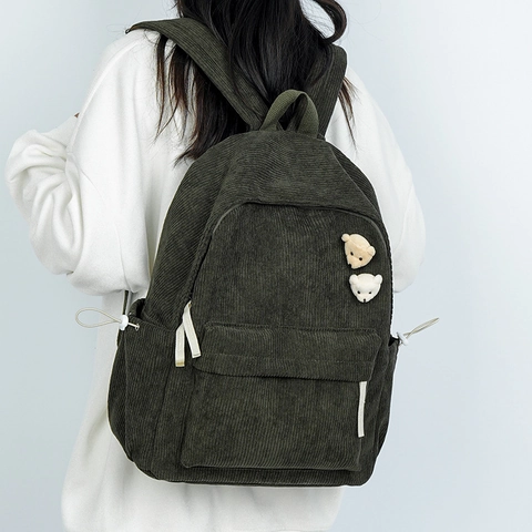 Mochila De Pana Para Mujer De Gran Capacidad Bolsa Escolar Con Pines De Osos De Peluche Casual Simple Universidad Viaje Daypack