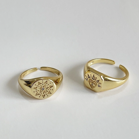 Anello A Sigillo Vintage In Argento Sterling 925 Placcato Oro 18k Regolabile Aperto Motivo Stella Cuore Per Donne