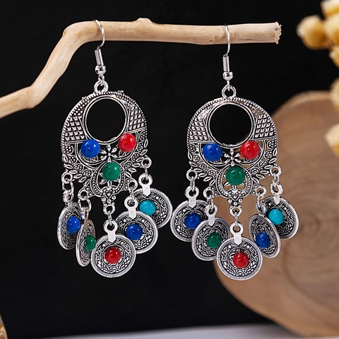 Bohemian Tassel Drop Earrings Alloy Ethnic Style Vintage Turquoise Beads Jewelry With Stainless Steel Earring Post For Women